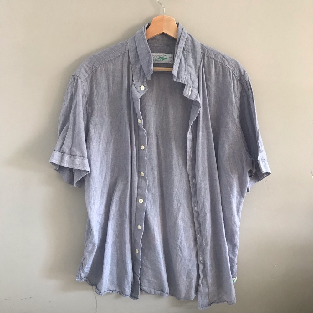 Seaplane Vintage Chambray Blue Casual Short Sleeve Cotton Button Down Shirt